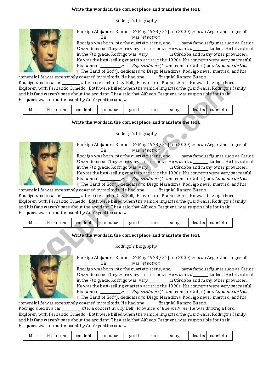 RODRIGO`S BIOGRAPHY worksheet